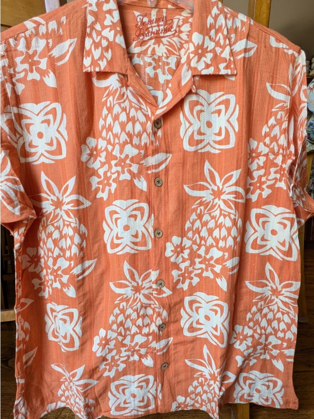 Tommy Bahama Orange/White Polynesian-Pattern Short-Sleeve Hawaiian Shirt - Large